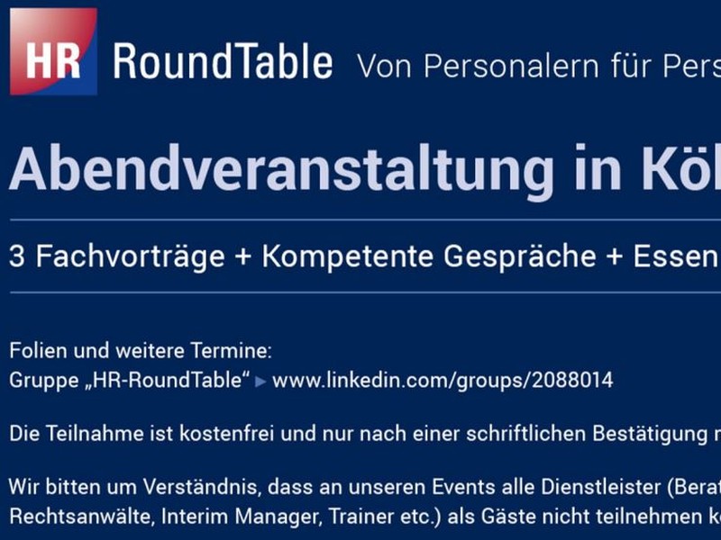 HR-RoundTable in Köln am Montag, den 08. Dezember um 18:00 Uhr